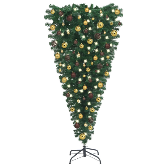 vidaXL Tekokuusi ylösalainen LED-valoilla ja palloilla 210 cm