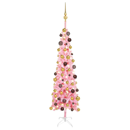vidaXL Ohut joulukuusi LED-valoilla ja palloilla pinkki 120 cm