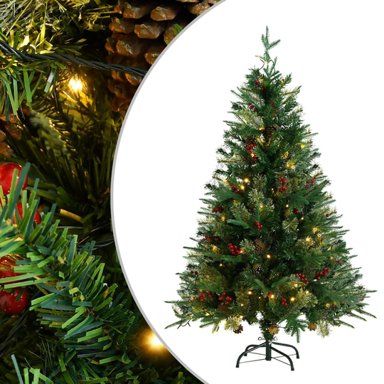 vidaXL Tekojoulukuusi LED-valoilla ja kävyillä vihreä 120 cm PVC ja PE