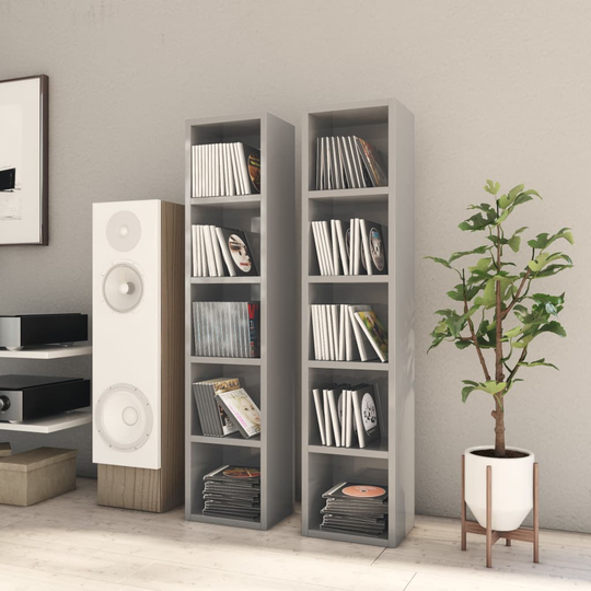 vidaXL CD-hyllyt 2 kpl korkeakiilto harmaa 21x16x93,5 cm lastulevy