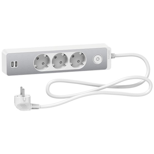 Schneider Electric Unica Extend Haaroitusjatkojohto maadoitettu, 2xUSB, valk/alu, 1.5 m 3-osainen