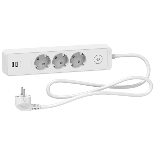 Schneider Electric Unica Extend Haaroitusjatkojohto 3-osainen, maadoitettu, 2xUSB, 1.5 m Valkoinen
