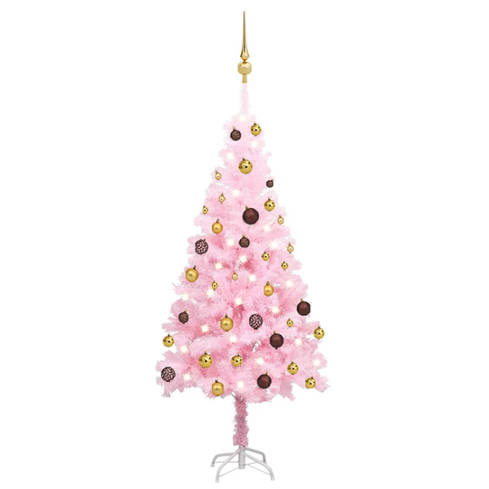 vidaXL Tekojoulukuusen puolikas LED-valo ja pallot pinkki 120 cm PVC