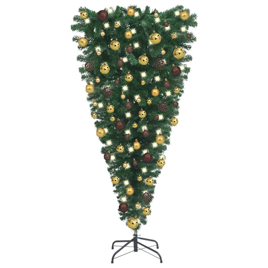 vidaXL Tekokuusi ylösalainen LED-valoilla ja palloilla 150 cm