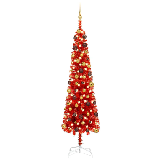 vidaXL Ohut joulukuusi LED-valoilla ja palloilla punainen 210 cm