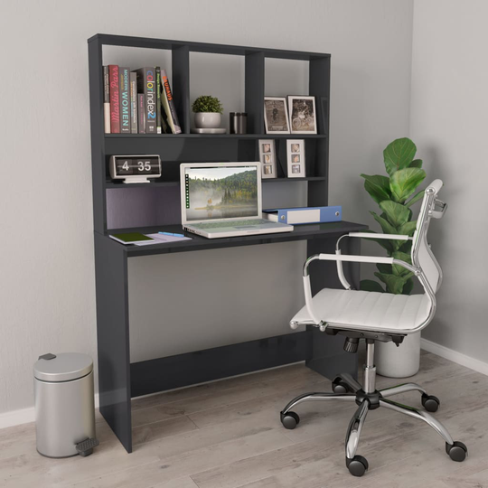 vidaXL Työpöytä hyllyillä korkeakiilto harmaa 110x45x157 cm lastulevy