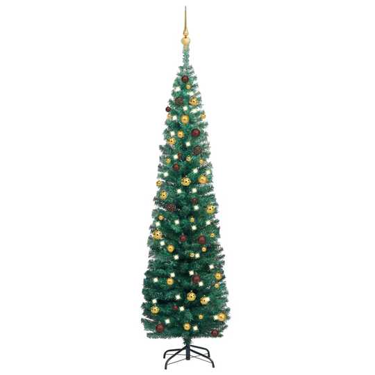vidaXL Ohut tekojoulukuusi LED-valoilla ja palloilla vihreä 180 cm