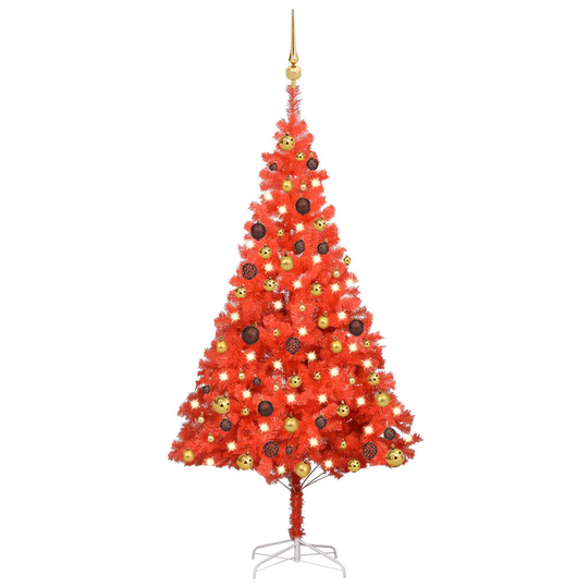 vidaXL Tekojoulukuusen puolikas LED-valo ja pallot punainen 150 cm PVC