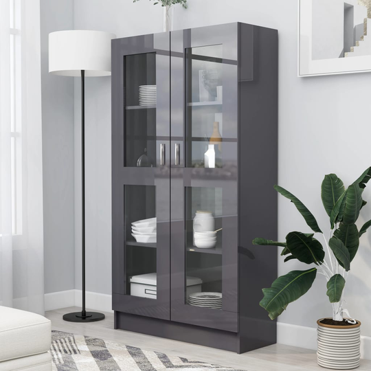 vidaXL Vitriinikaappi korkeakiilto harmaa 82,5x30,5x150 cm lastulevy