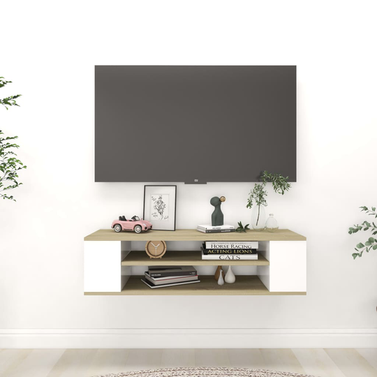 vidaXL Seinäkiinnitettävä TV-taso valkoinen/tammi 100x30x26,5 cm levy