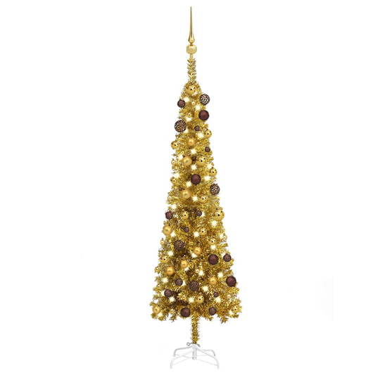 vidaXL Ohut joulukuusi LED-valoilla ja palloilla kulta 150 cm