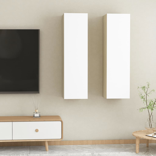 vidaXL TV-tasot 2 kpl valkoinen/Sonoma-tammi 30,5x30x110 cm lastulevy