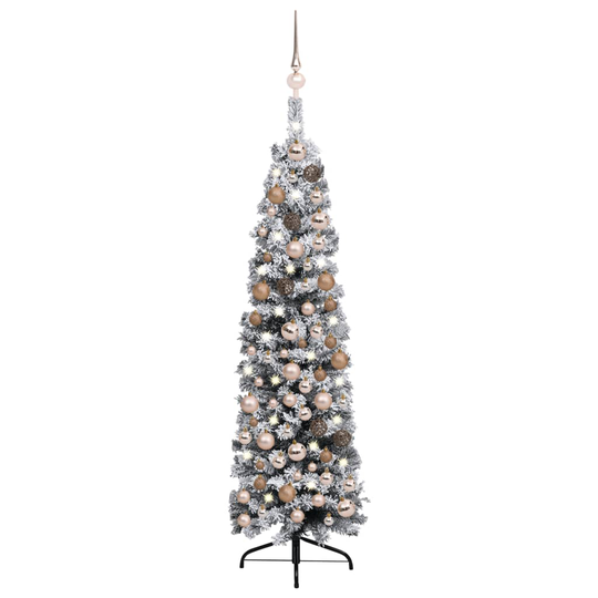vidaXL Kapea tekojoulukuusi LED, pallot ja lumihuurre vihreä 120 cm