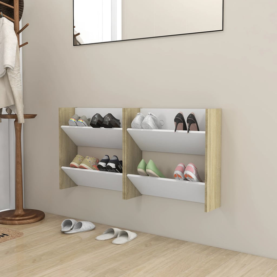 vidaXL Seinäkenkäkaapit 2 kpl valk./Sonoma-tammi 60x18x60 cm lastulevy