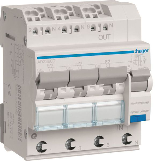 Hager ADZ360D Henkilönsuoja 4-napainen, 230 V 10 A