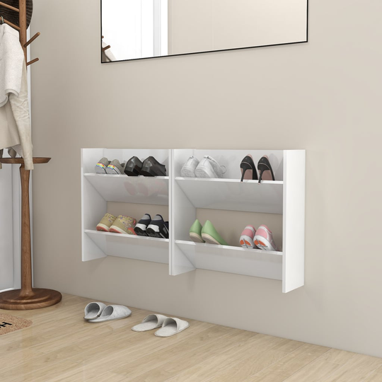 vidaXL Seinäkenkäkaapit 2 kpl korkeakiilto valk. 60x18x60 cm lastulevy