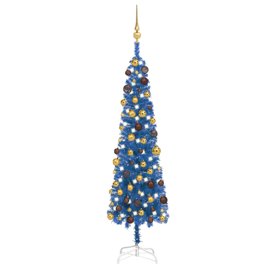 vidaXL Ohut joulukuusi LED-valoilla ja palloilla sininen 150 cm