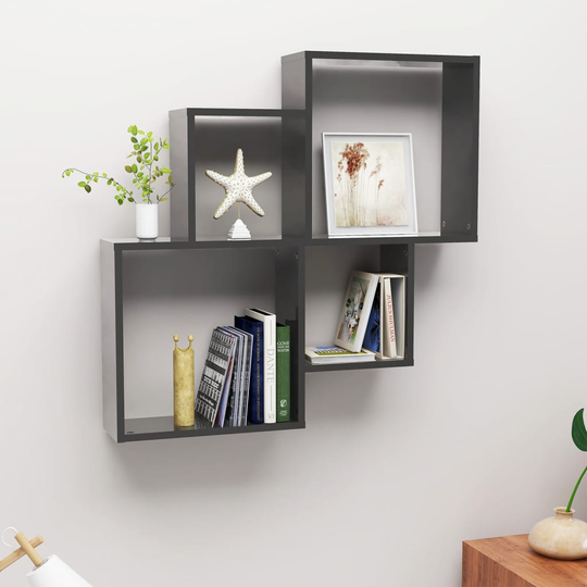vidaXL Kuutioseinähylly korkeakiilto harmaa 80x15x78,5 cm lastulevy