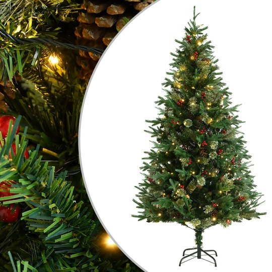 vidaXL Tekojoulukuusi LED-valoilla ja kävyillä vihreä 195 cm PVC ja PE