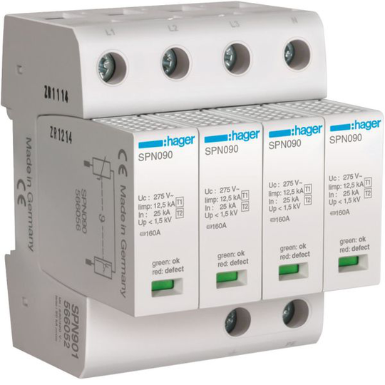 Hager SPN901 Ylijännitesuoja karkea suojaus, maks. 1,5 kV 4 moduulin väli, 4-napainen