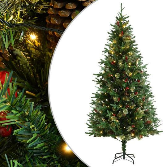 vidaXL Tekojoulukuusi LED-valoilla ja kävyillä vihreä 225 cm PVC ja PE