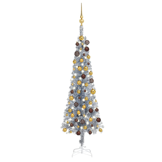 vidaXL Ohut joulukuusi LED-valoilla ja palloilla hopea 150 cm