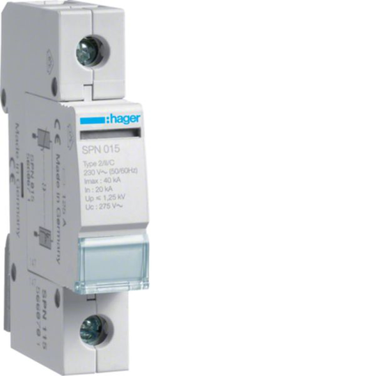 Hager SPN115 Ylijännitesuoja rajoittaa jäännösjännitteen arvoon =1,5 kV Ilman etäyhteyttä, 230 V