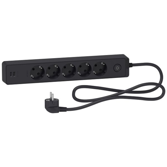 Schneider Electric Unica Extend Haaroitusjatkojohto 5-osainen, maadoitettu, 2xUSB, 1.5 m Antrasiittiharmaa
