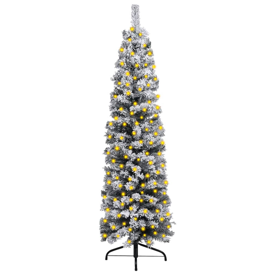 vidaXL Kapea tekojoulukuusi LED/lumihuurre vihreä 120 cm PVC