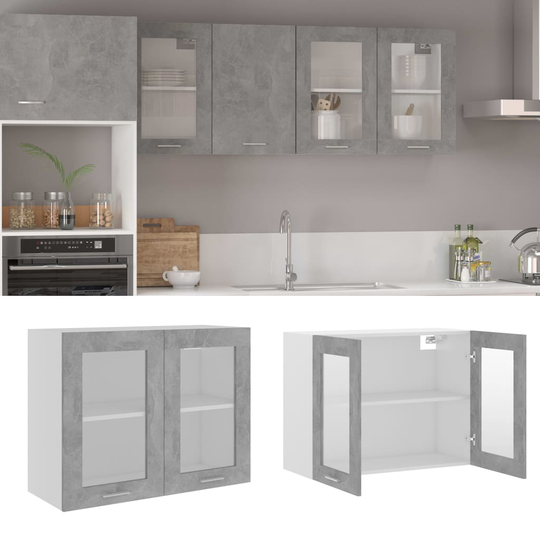 vidaXL Seinäkaappi lasilla betoninharmaa 80x31x60 cm lastulevy