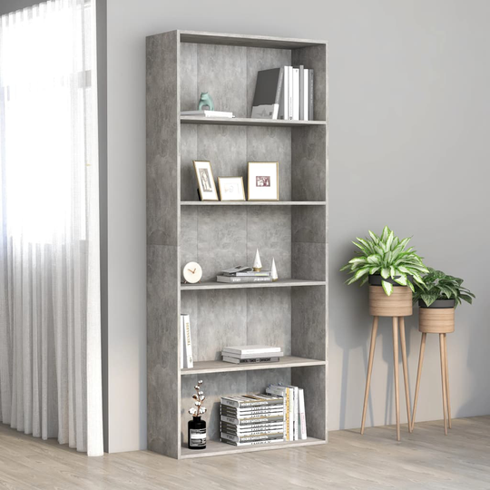 vidaXL 5-tasoinen kirjahylly betoninharmaa 80x30x189 cm lastulevy